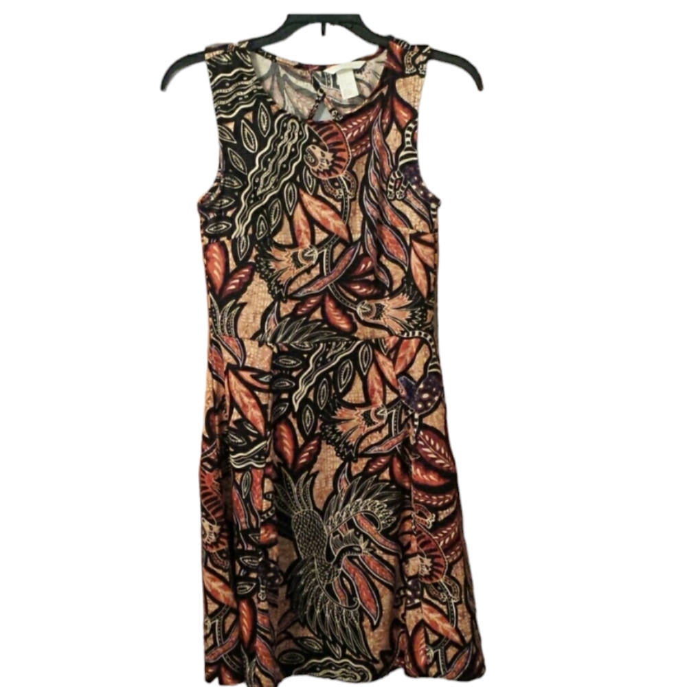 H & M Abstract Colorful Summer Dress w/ Cutout Back sz Small Orange Brown Black